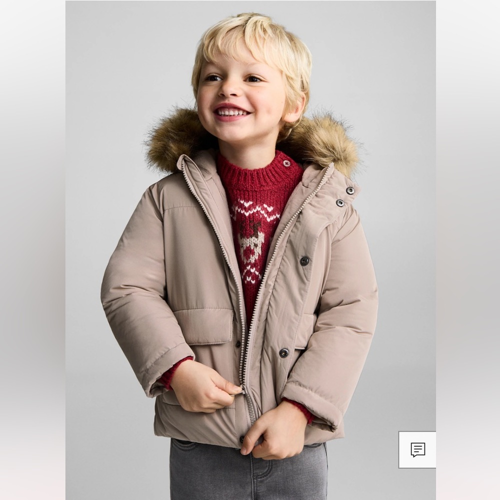 Mango Kids Tan Puffer Jacket with Faux Fur Hood